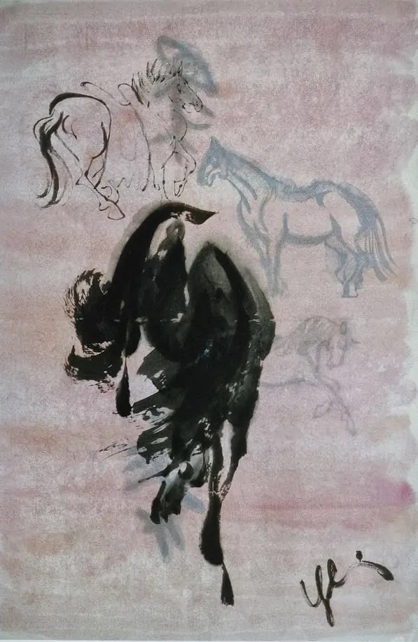 Chevaux 2, encre de Chine et aquarelles naturelles sur papier Xuan, 1999, Yolaine Escande