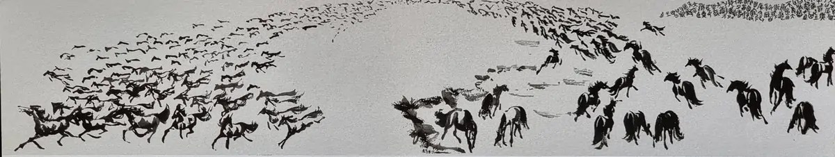 Chevaux et personnages, partie 1, long rouleau horizontal, aquarelles naturelles et encre sur papier Xuan, 1999, Yolaine Escande