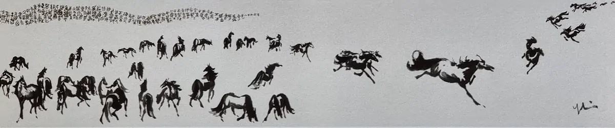 Chevaux et personnages, partie 2, long rouleau horizontal, aquarelles naturelles et encre sur papier Xuan, 1999, Yolaine Escande