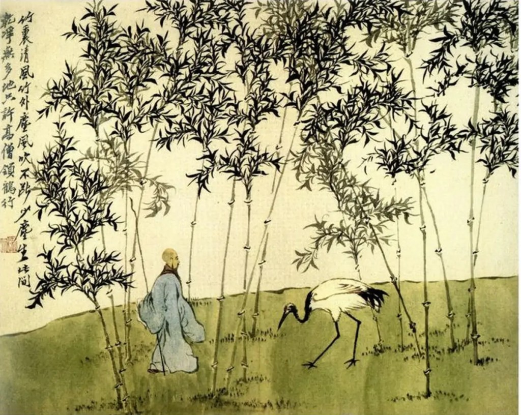 Grue se promenant dans une bambouseraie, sans date, encre et couleurs sur papier, Luo Ping