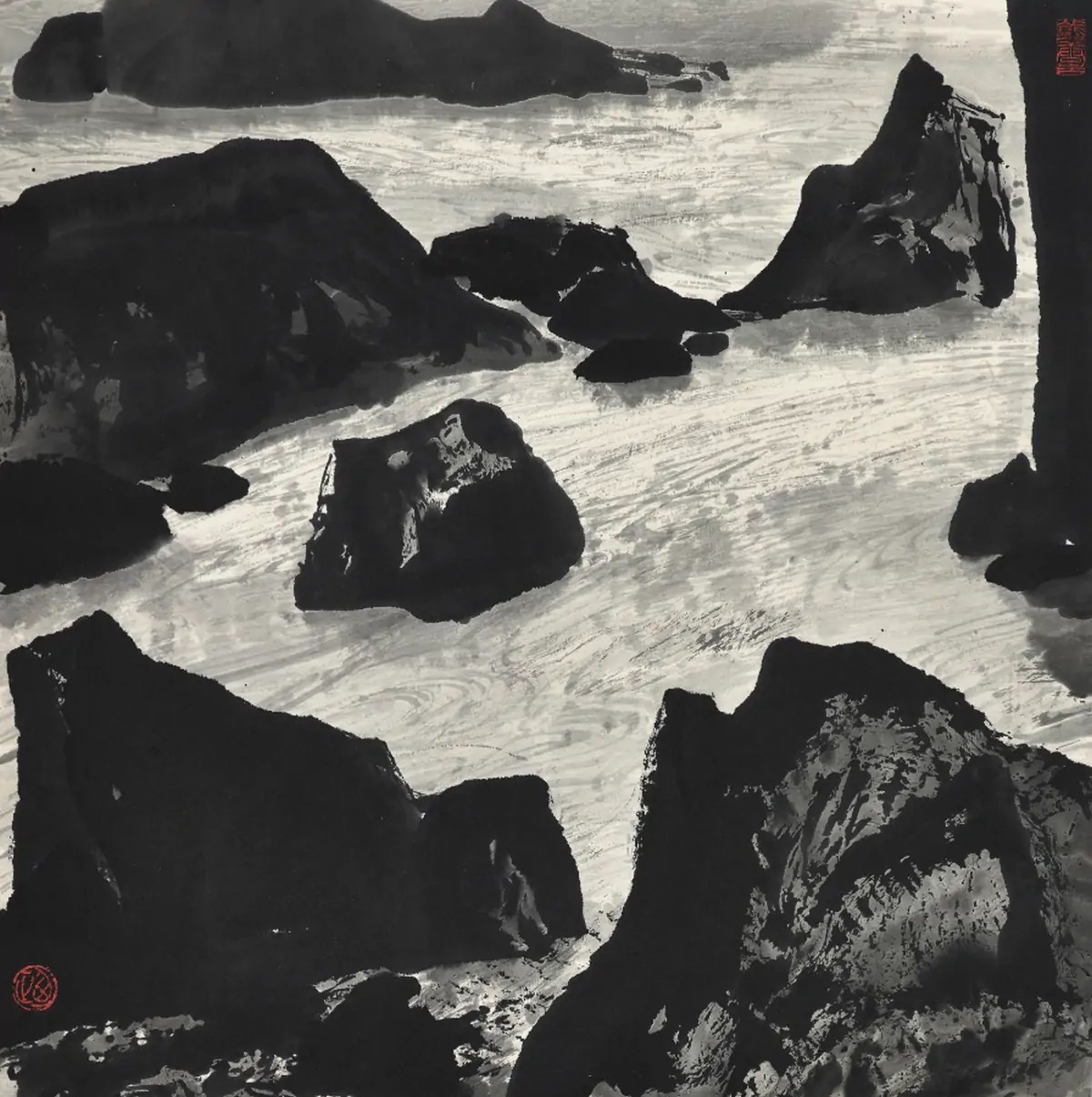 Paysage et pins, encre sur papier, quatre tableaux encadrés, 1985, par Zhu Naizheng 1