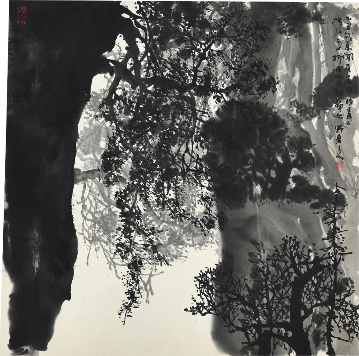 Paysage et pins, encre sur papier, quatre tableaux encadrés, 1985, par Zhu Naizheng
