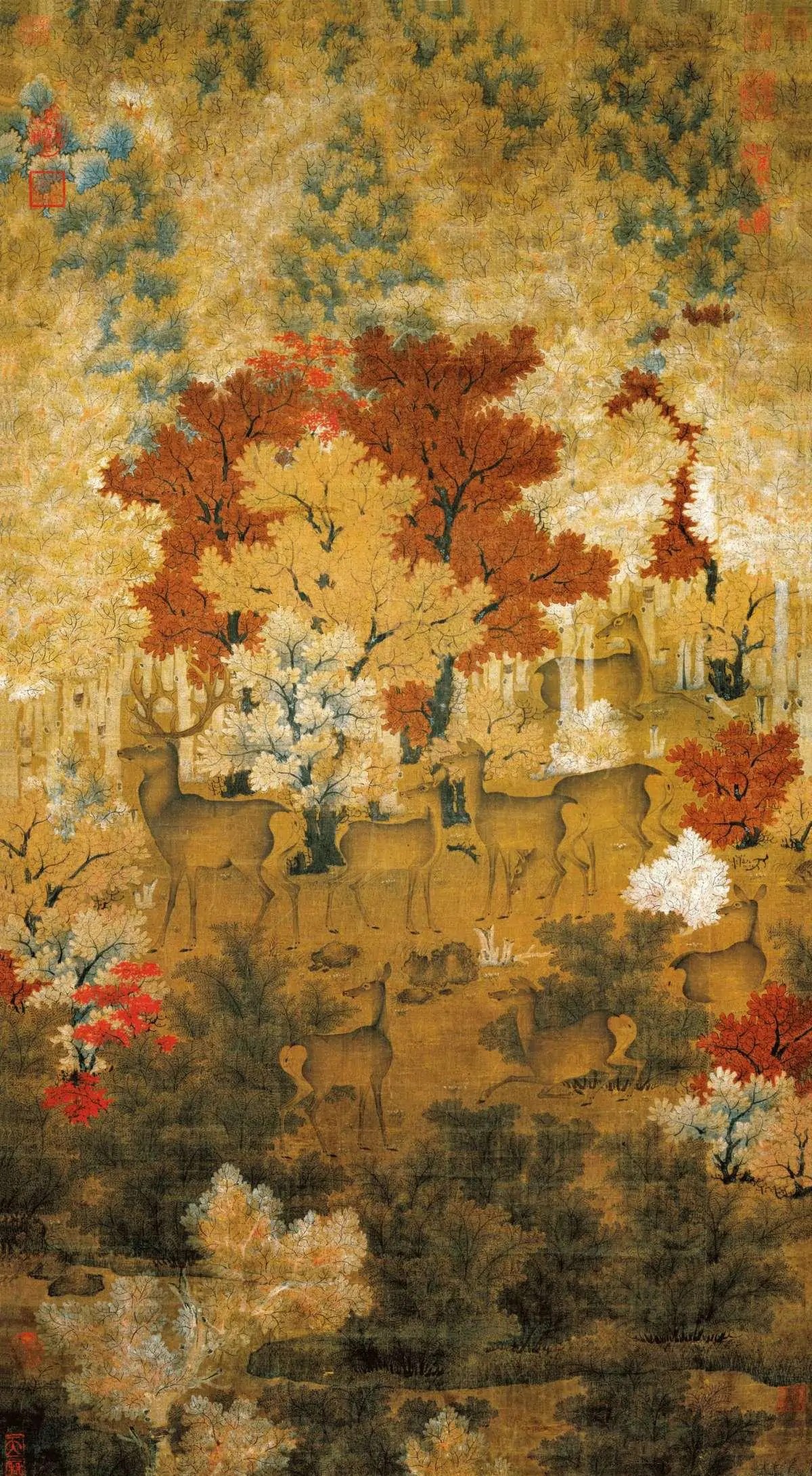 Le rouleau « Feuilles d'érable et cerfs », datant de la période des Cinq Dynasties et des Dix Royaumes, est aujourd'hui conservé au Musée national du Palais de Taipei. 