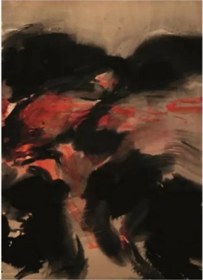 Composition en diptyque, deux, divers 1970, encre, aquarelle et huile sur carton jauni, T’ang Haywen