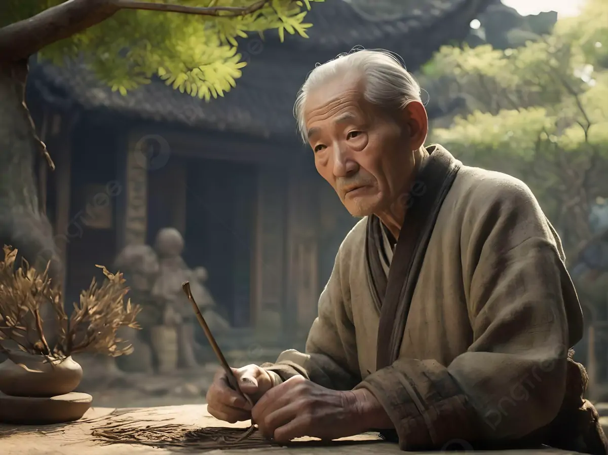 Vieil homme chinois d'autrefois en train d'apprendre
